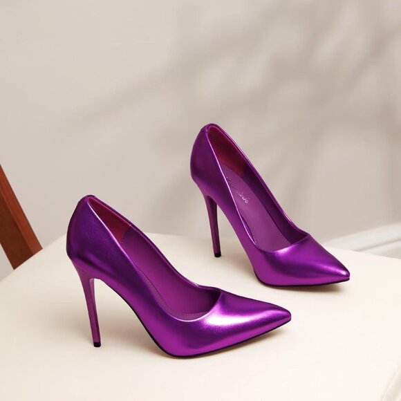 Womens Purple Polyurethane (PU) Pointed Closed Toe Slip On Heels Leather Pumps - Picture 9 of 9